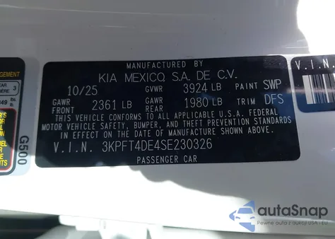 2025 Kia K4 Lxs z USA, uszkodzony, nr VIN 3KPFT4DE4SE230326